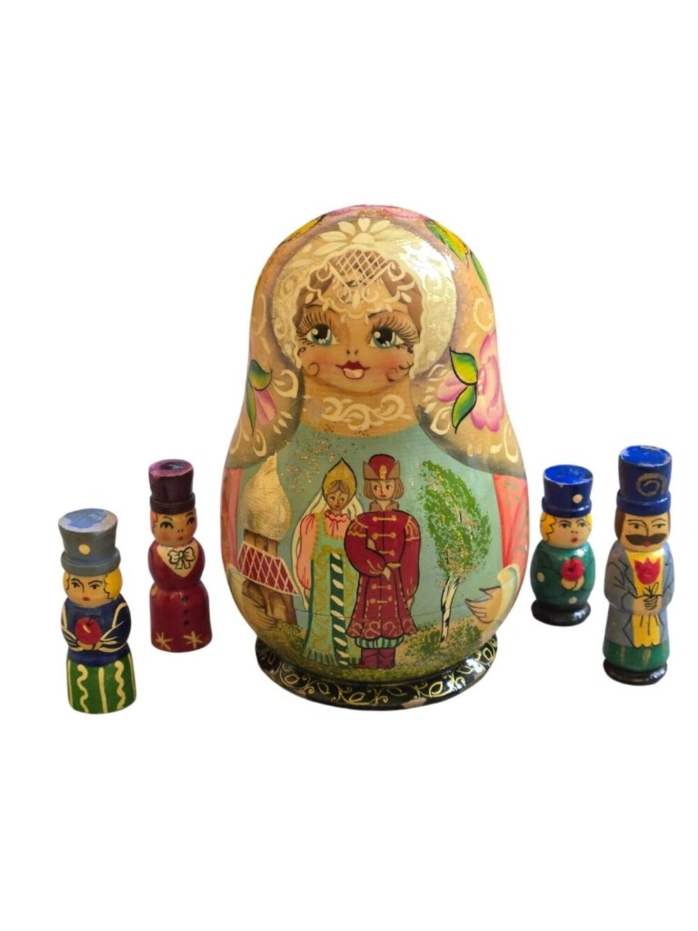 Vintage Russian Matryoshka Wedding Scene Hand Painted Figural Folk Art Display S
